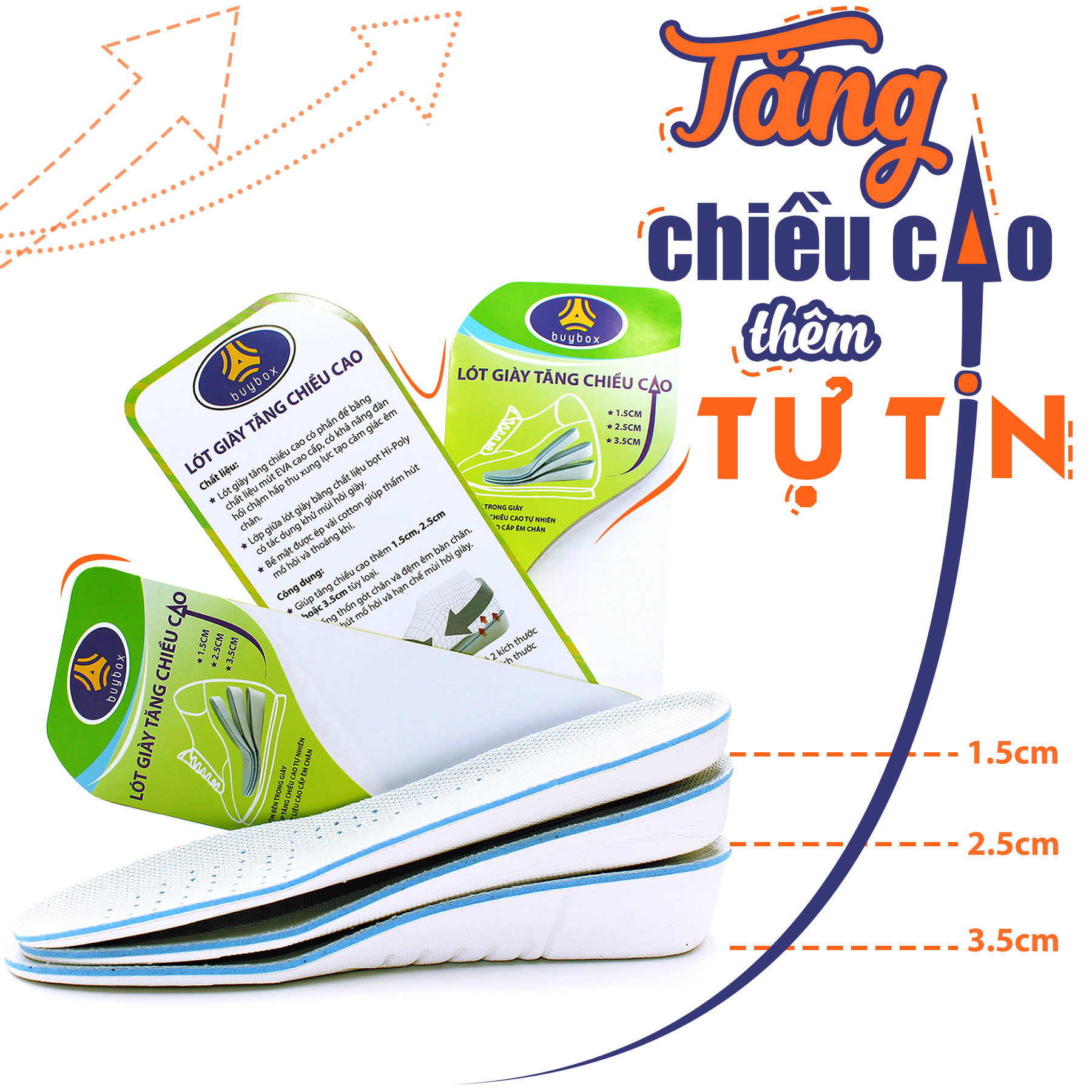 Lót giày độn đế tăng chiều cao buybox tăng 1.5cm, 2.5cm, 3.5cm