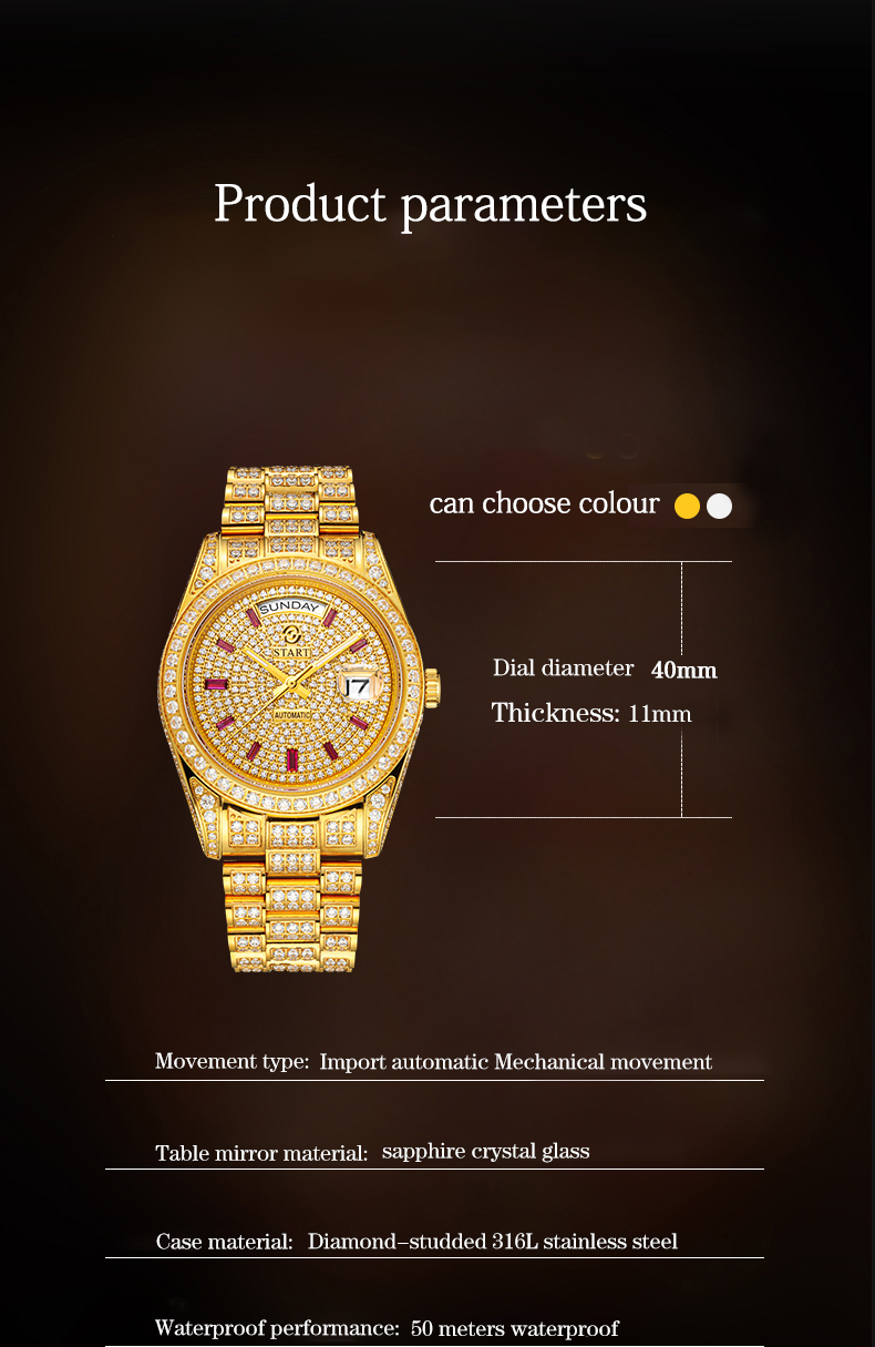 [START]đồng hồ kim cương nam đồng hồ cơ tự động chức năng hiển thị thứ ngày đồng hồ vàng chống nước dạ quang chất lượng Thụy Sĩ
