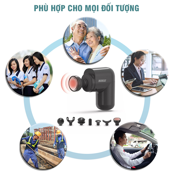 Súng Massage Cầm Tay Mini Nikio NK-173 - 6 Đầu Chuyên Dụng + 1 Đầu Nhiệt Nóng - Mát Xa Hỗ Trợ Giảm Đau Nhức Và Giãn Cơ Toàn Thân - Phù Hợp Mọi Đối Tượng, Siêu Nhỏ Gọn