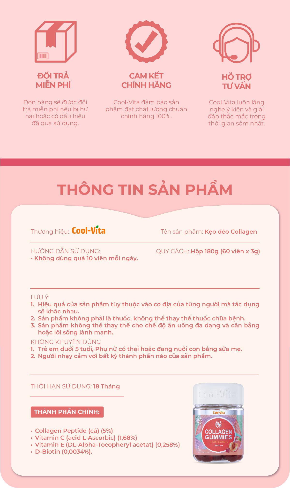 Combo 3 Hộp Kẹo Dẻo Collagen Hỗ Trợ Trẻ Hóa Sáng Da - Cải Thiện Sức Khỏe Tóc Móng Vị Đào Kết Hợp Biotin, Vitamin C & Vitamin E Coolvita (60 viên x 3g)/hộp