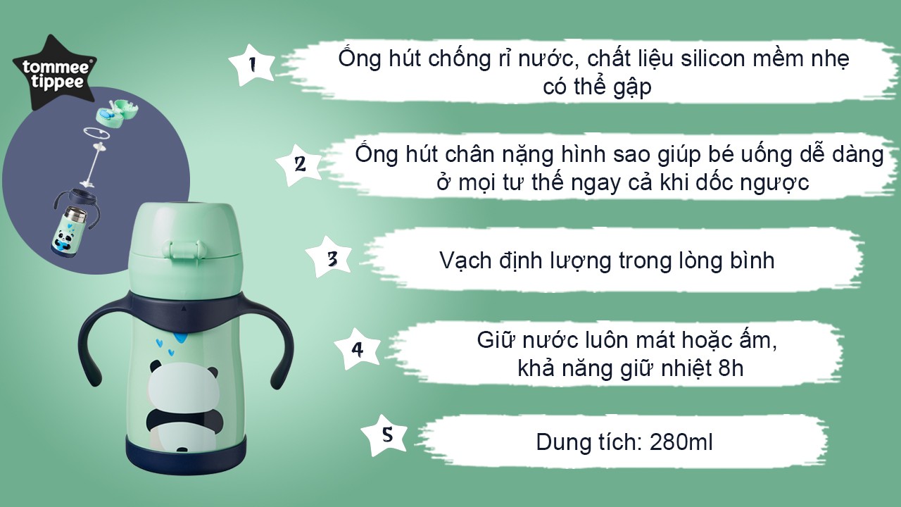 Bình uống nước Inox giữ nhiệt có ống hút và tay cầm cho bé Tommee Tippee 280ml từ 12 tháng 3