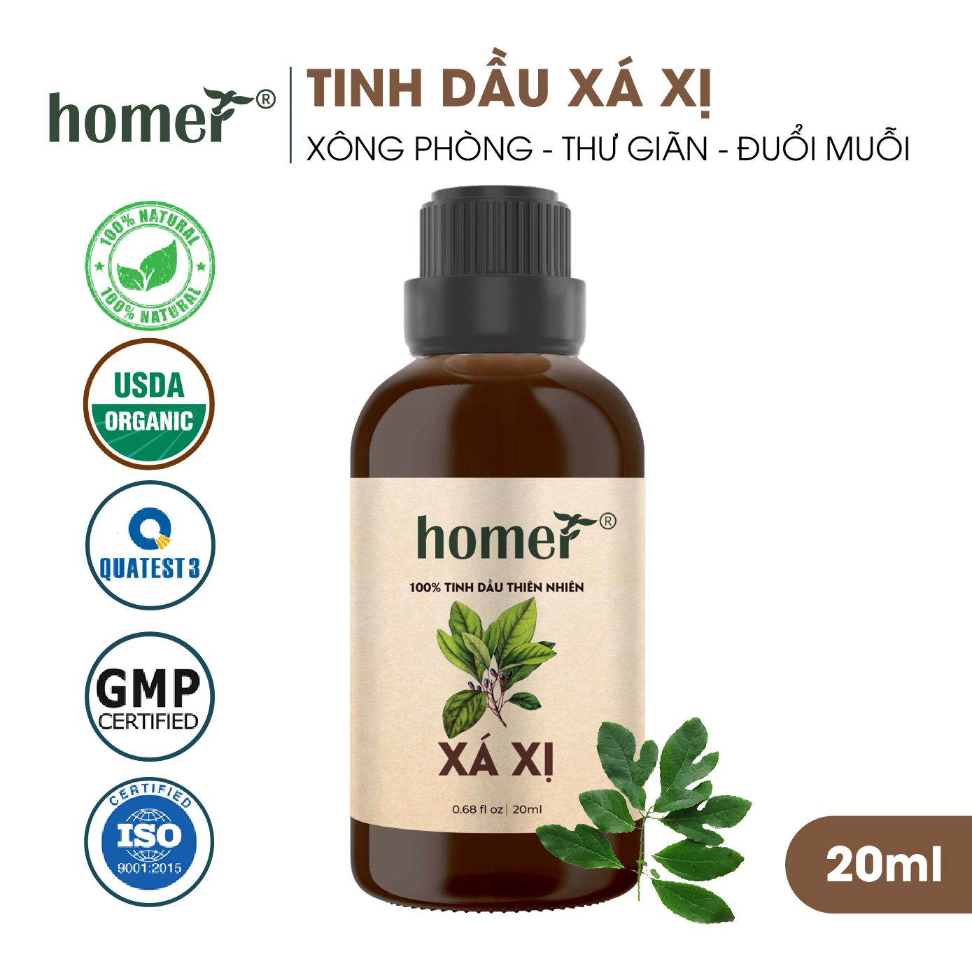 Tinh Dầu Xá Xị Homer 100ml - Chính Hãng, Đạt Chuẩn Kiểm Định Cao Cấp - Tinh Dầu Xông Thơm Phòng, Thư Giãn, Khử Mùi hiệu quả