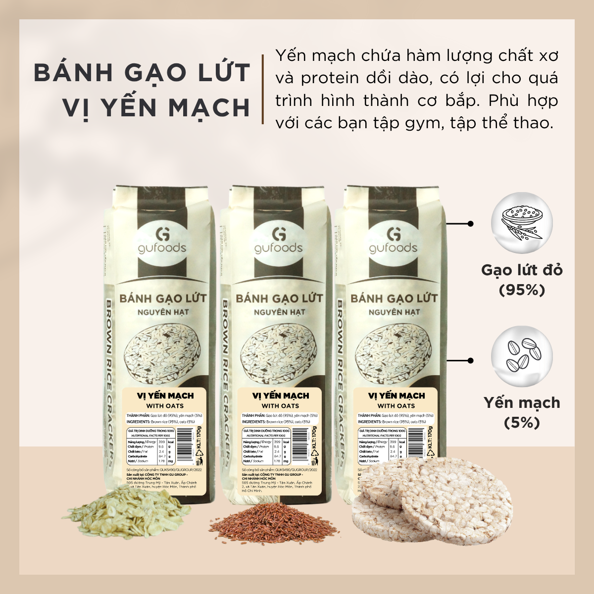 Bánh gạo lứt GUfoods (510g) - Không chiên dầu, Không đường, Từ gạo và ngũ cốc nguyên hạt, Lành mạnh, Phù hợp Eat clean, Ăn vặt healthy, Thực dưỡng, Tập gym, Thuần chay, Đa dạng hương vị
