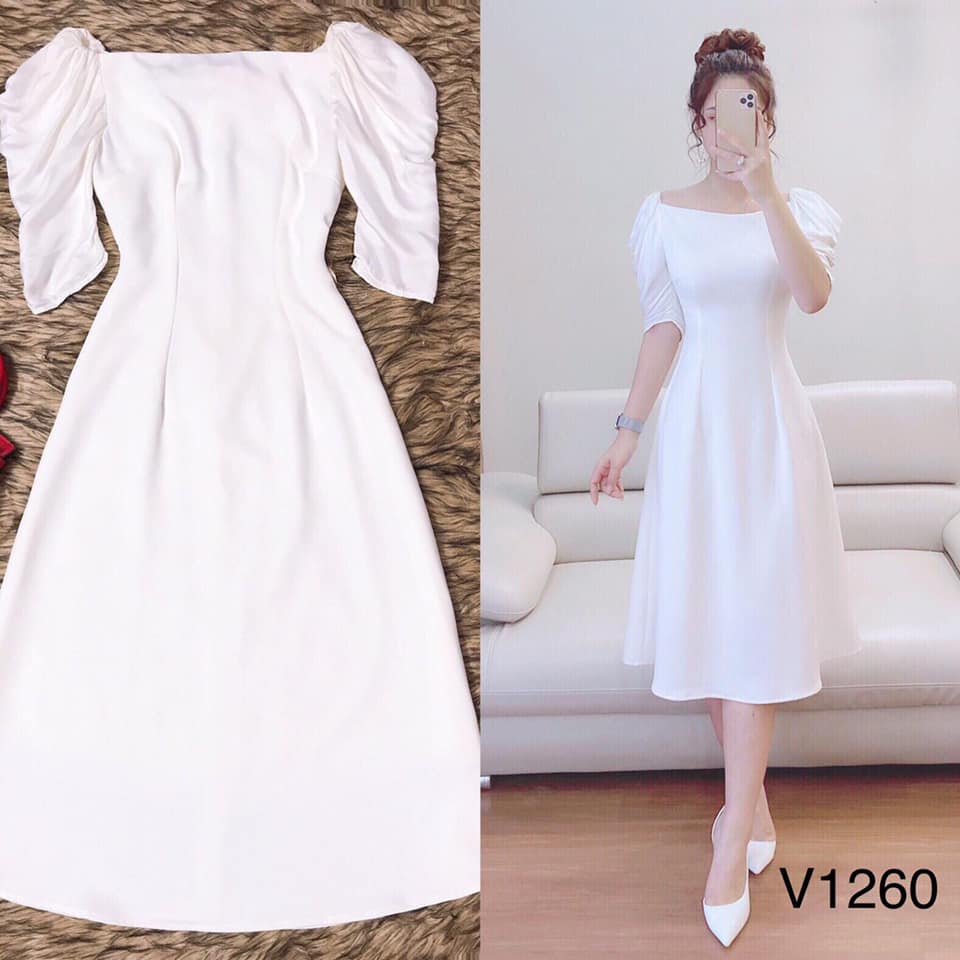 Đầm váy nữ dự tiệc trắng cổ vuông tay xòe chất Lụa mịn siêu xinh đẹp QD  MT025  Shopee Việt Nam