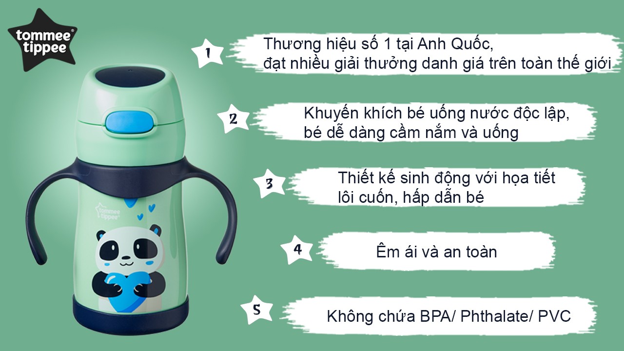 Bình uống nước Inox giữ nhiệt có ống hút và tay cầm cho bé Tommee Tippee 280ml từ 12 tháng 2