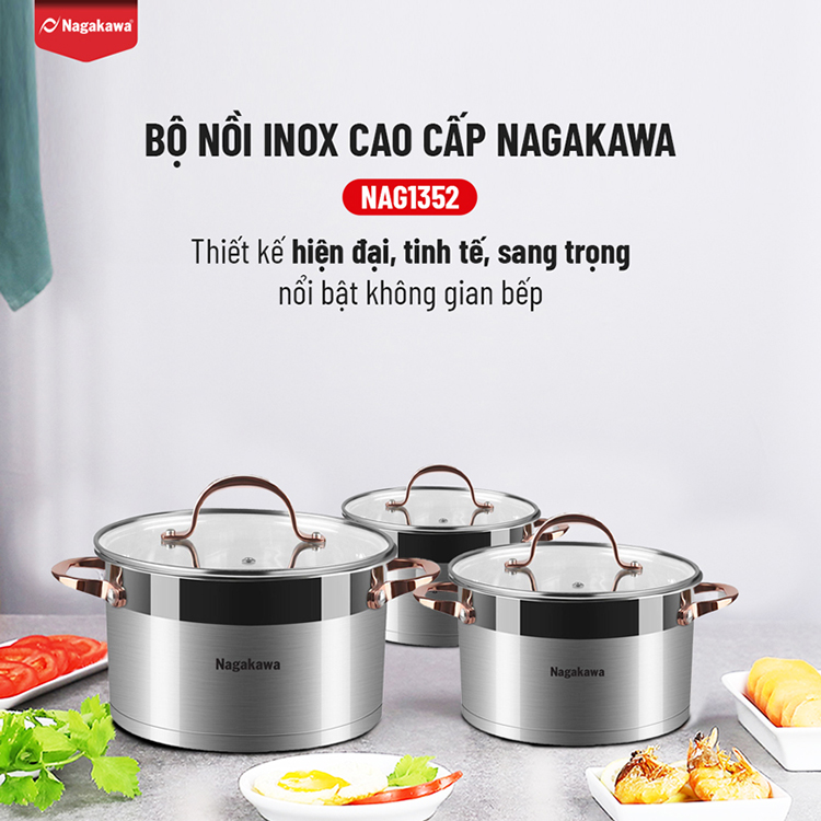 Bộ 3 nồi inox cao cấp 5 đáy Nagakawa NAG1352 (16cm, 20cm, 24cm) dùng cho mọi loại bếp - Hàng Chính Hãng