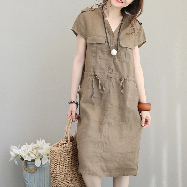 Đầm suông linen cổ V túi hộp thắt eo ArcticHunter, thời trang thương hiệu chính hãng