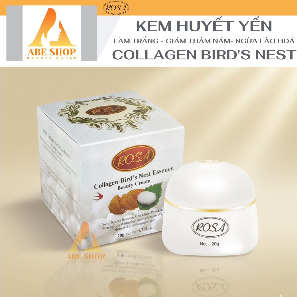 Kem ROSA Collagen Huyết Yến - COLLAGEN BIRD'S NEST BEAUTY CREAM 20g - Làm Trắng - Giảm Thâm Nám - Chống Lão Hoá