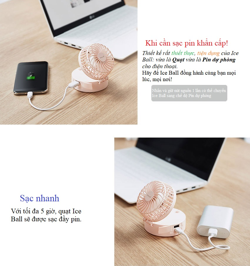 Quạt mini đeo cổ có chức năng pin sạc dự phòng Ice Ball chính hãng Fromb Korea