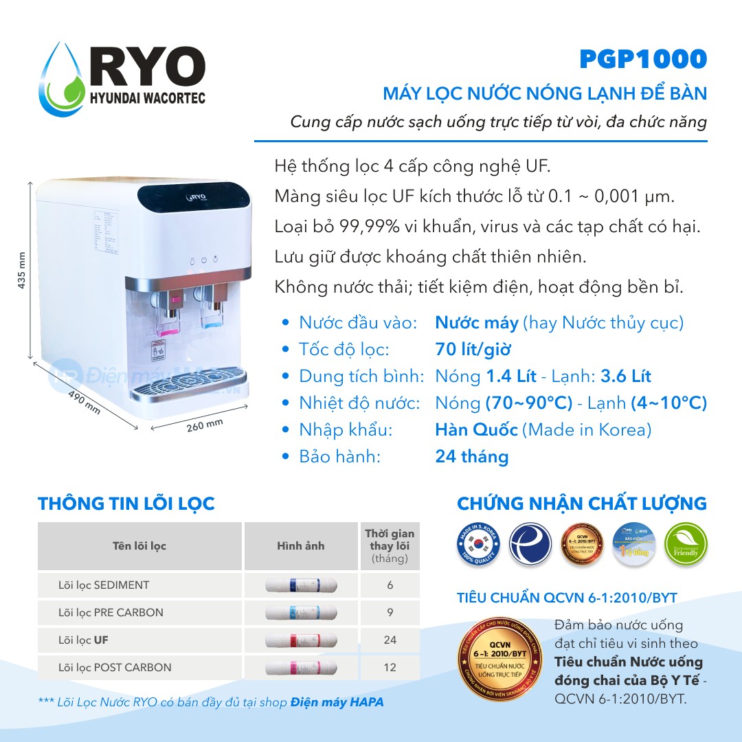 Máy Lọc Nước Nóng Lạnh Để Bàn RYO Hyundai PGP1000 - Nhập khẩu Hàn Quốc - Hàng Chính Hãng