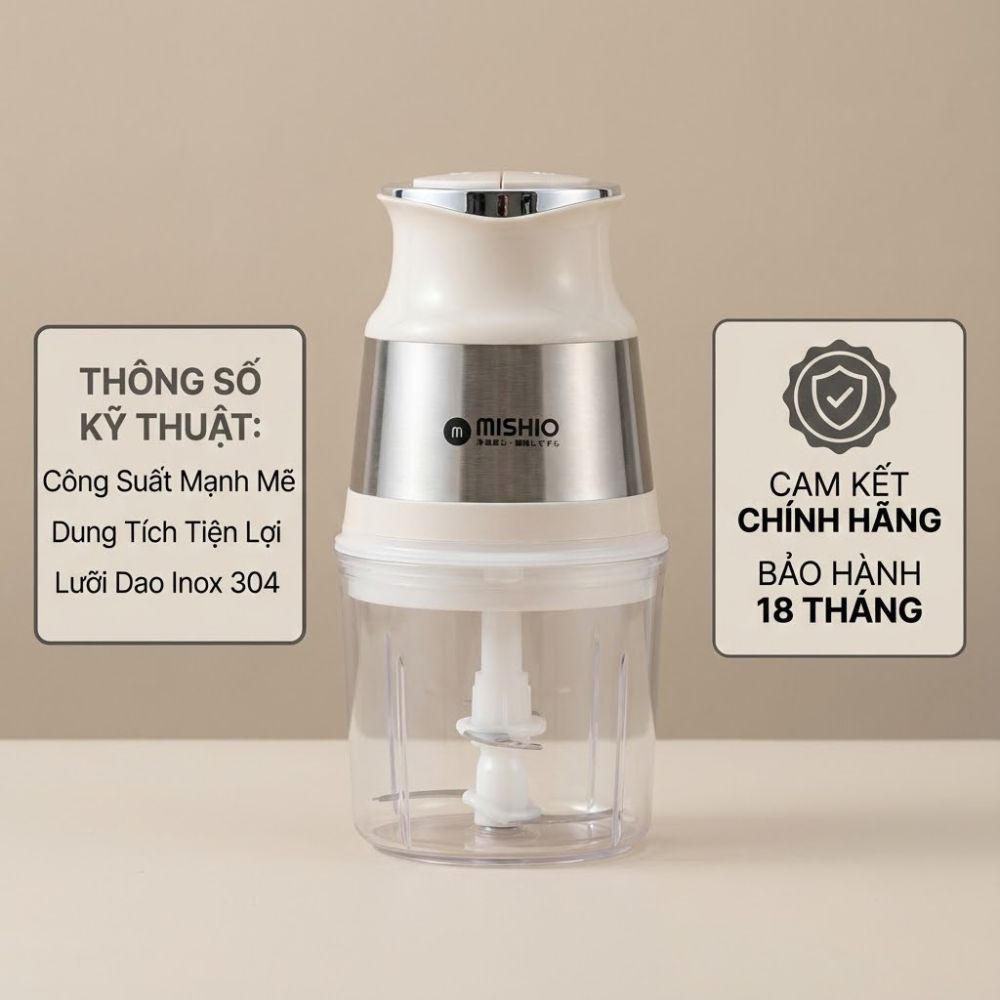 Máy Xay Mini Mishio MK389 - Dung Tích 0.8L, Xay Đồ Ăn Dặm, Gia Vị, Đồ Khô, Công Suất 250W Mạnh Mẽ - Hàng chính hãng