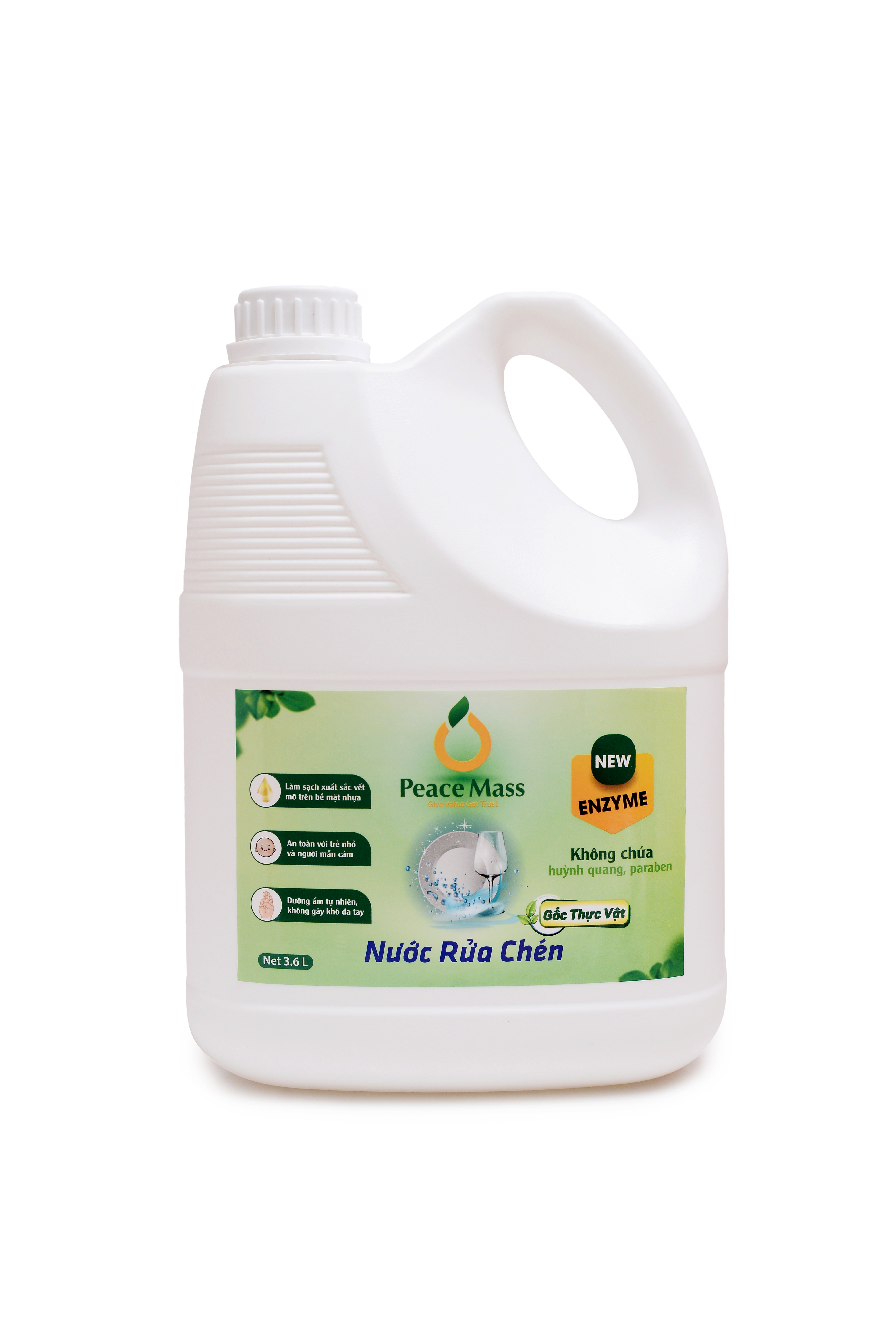 Nước Rửa Chén Gốc Thực Vật Peace Mass Công Nghệ Enzyme Rửa Sạch & Không Lưu Mùi - Can 3.6l (Thuộc nhóm Sản phẩm Lành tính  Sinh học)