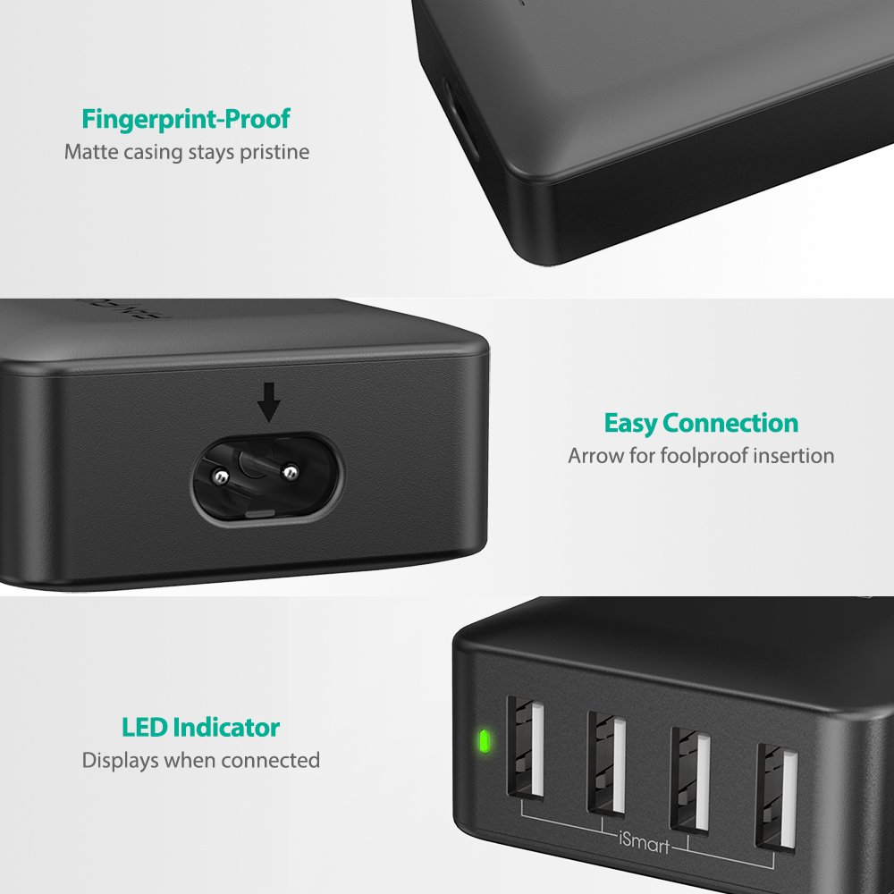 Adapter Sạc 4 Cổng 40W RAVPower RP-PC023 - Hàng Chính Hãng