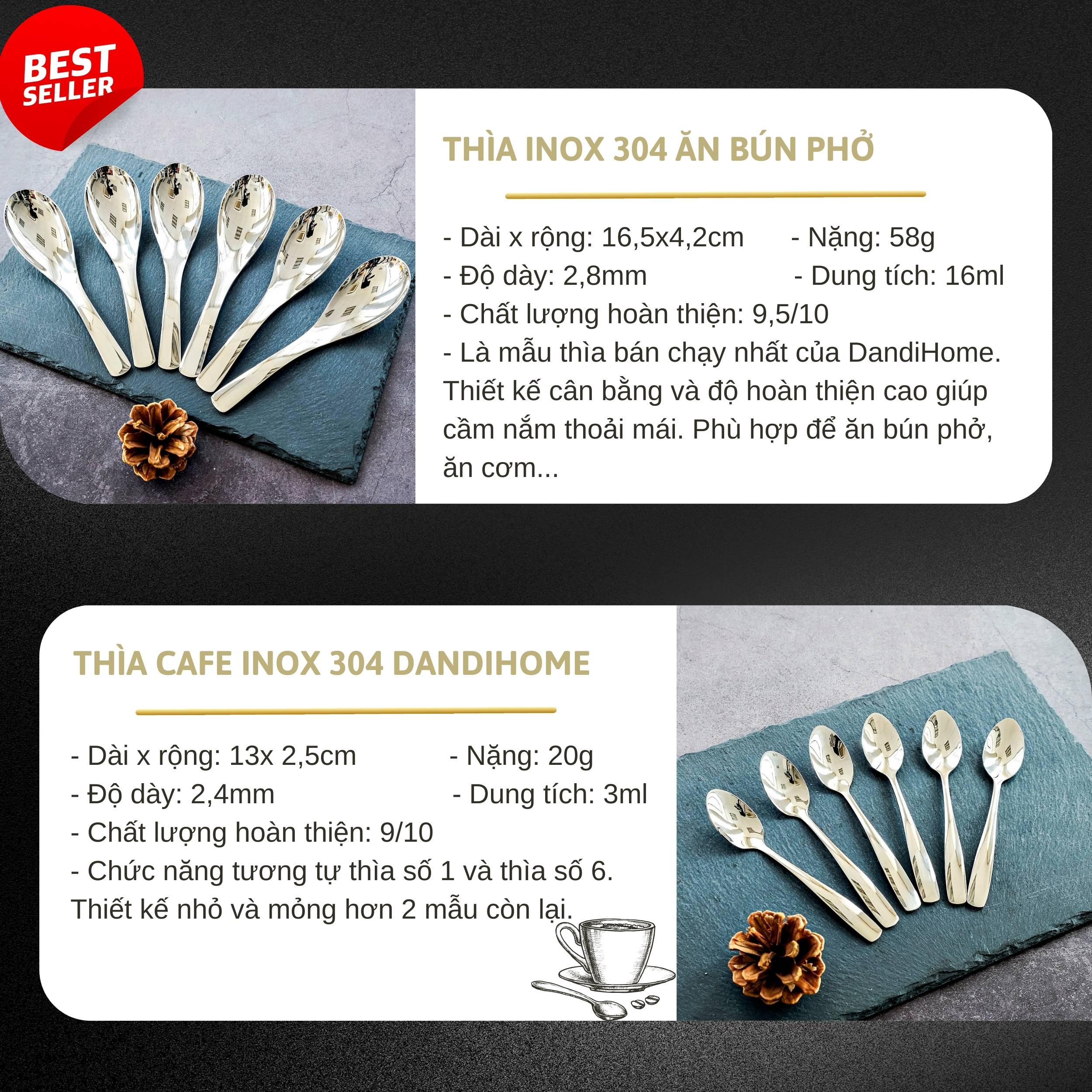 Bộ 6 thìa muỗng inox 304 DandiHome 2020 cao cấp, sang trọng, tinh tế