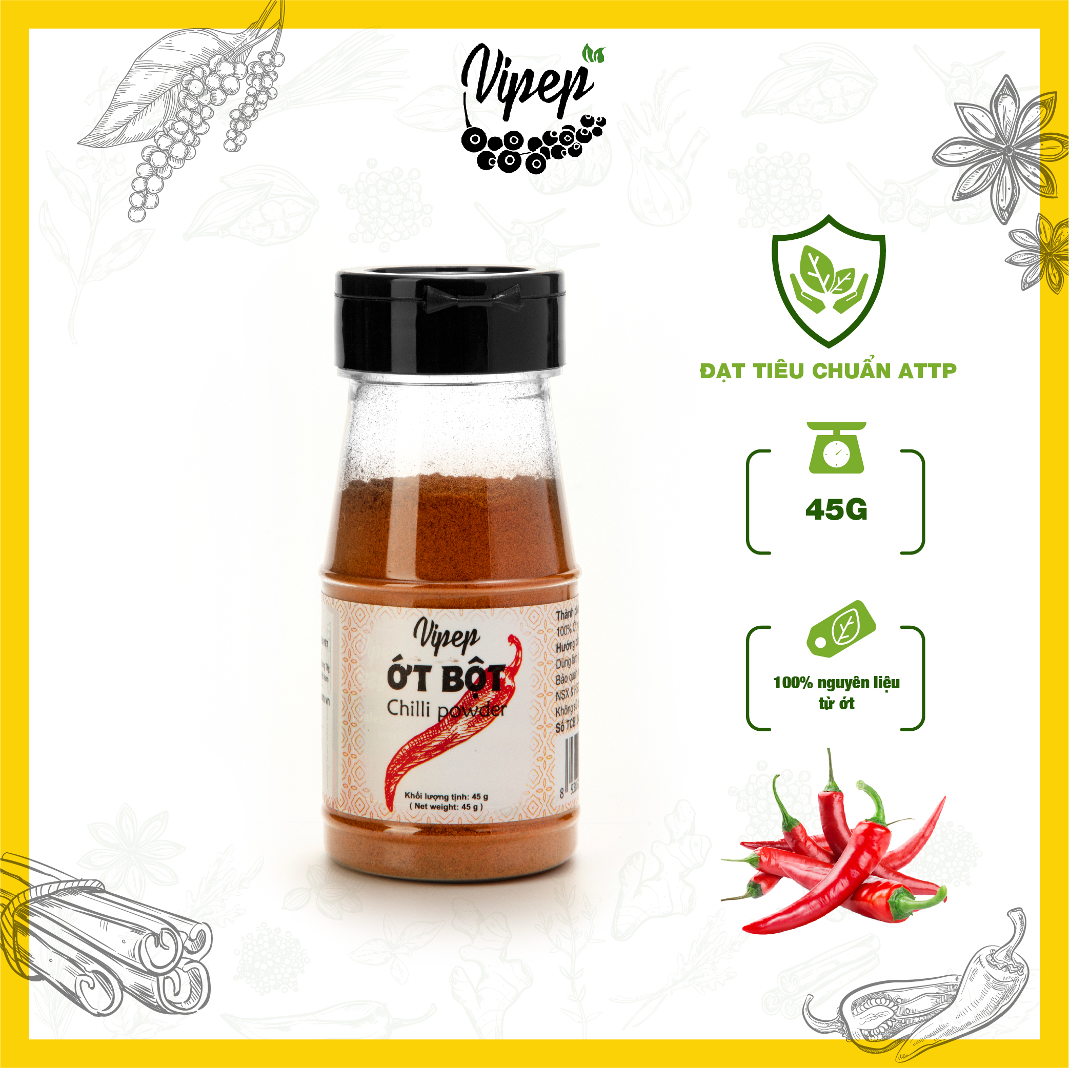 Ớt Bột Chỉ Thiên Tự Nhiên Vipep Hũ Nhựa 45g