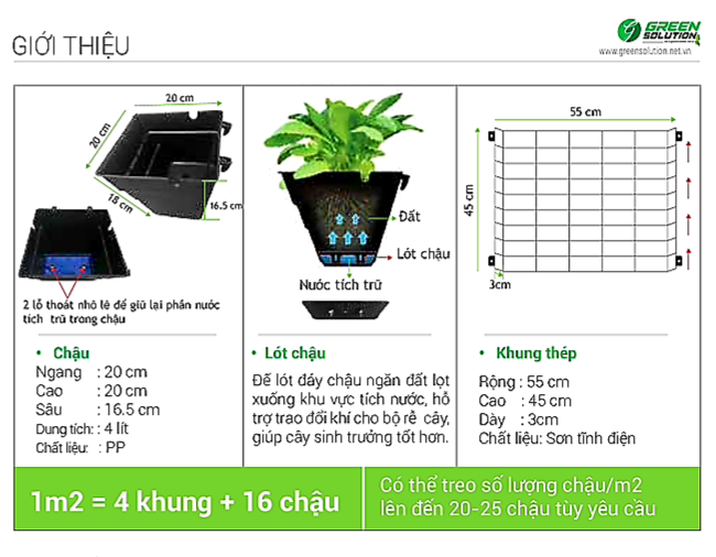 Bộ 1m2 Khung & Chậu vườn tường JupiWall-16: Chậu Kích thước lớn, khung thép, tùy biến vị trí chậu, dễ lắp đặt, Phù hợp trồng rau sạch, cây hoa lớn.