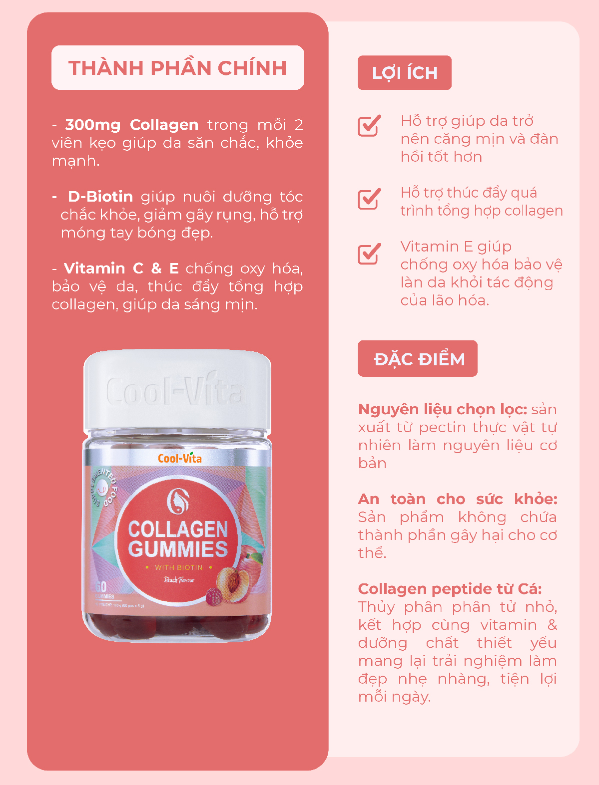 Combo 3 Hộp Kẹo Dẻo Collagen Hỗ Trợ Trẻ Hóa Sáng Da - Cải Thiện Sức Khỏe Tóc Móng Vị Đào Kết Hợp Biotin, Vitamin C & Vitamin E Coolvita (60 viên x 3g)/hộp