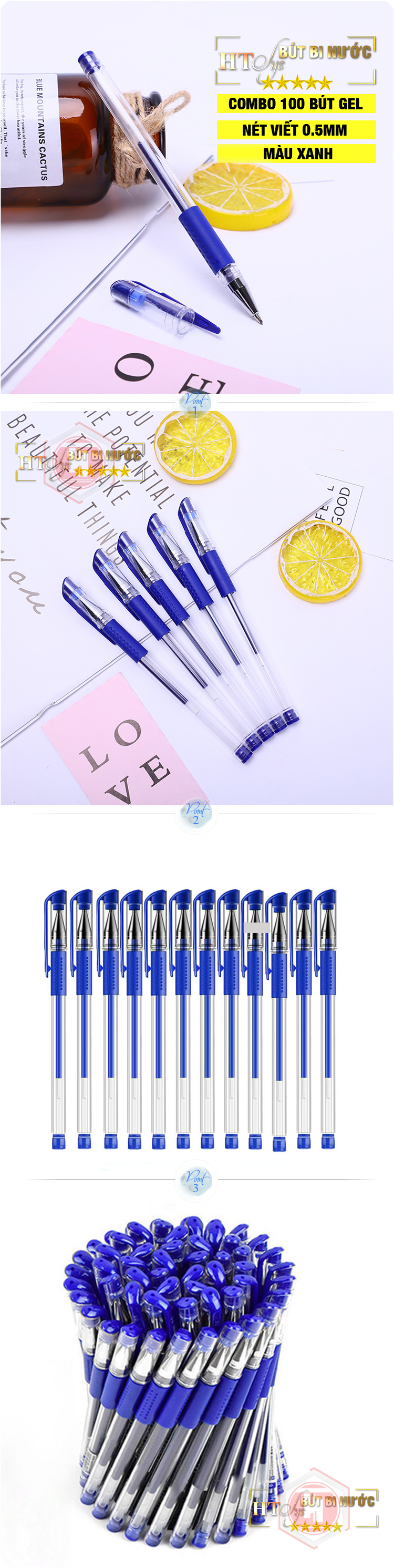 COMBO 100 BÚT GEL NƯỚC 0.5MM HT SYS MÀU XANH