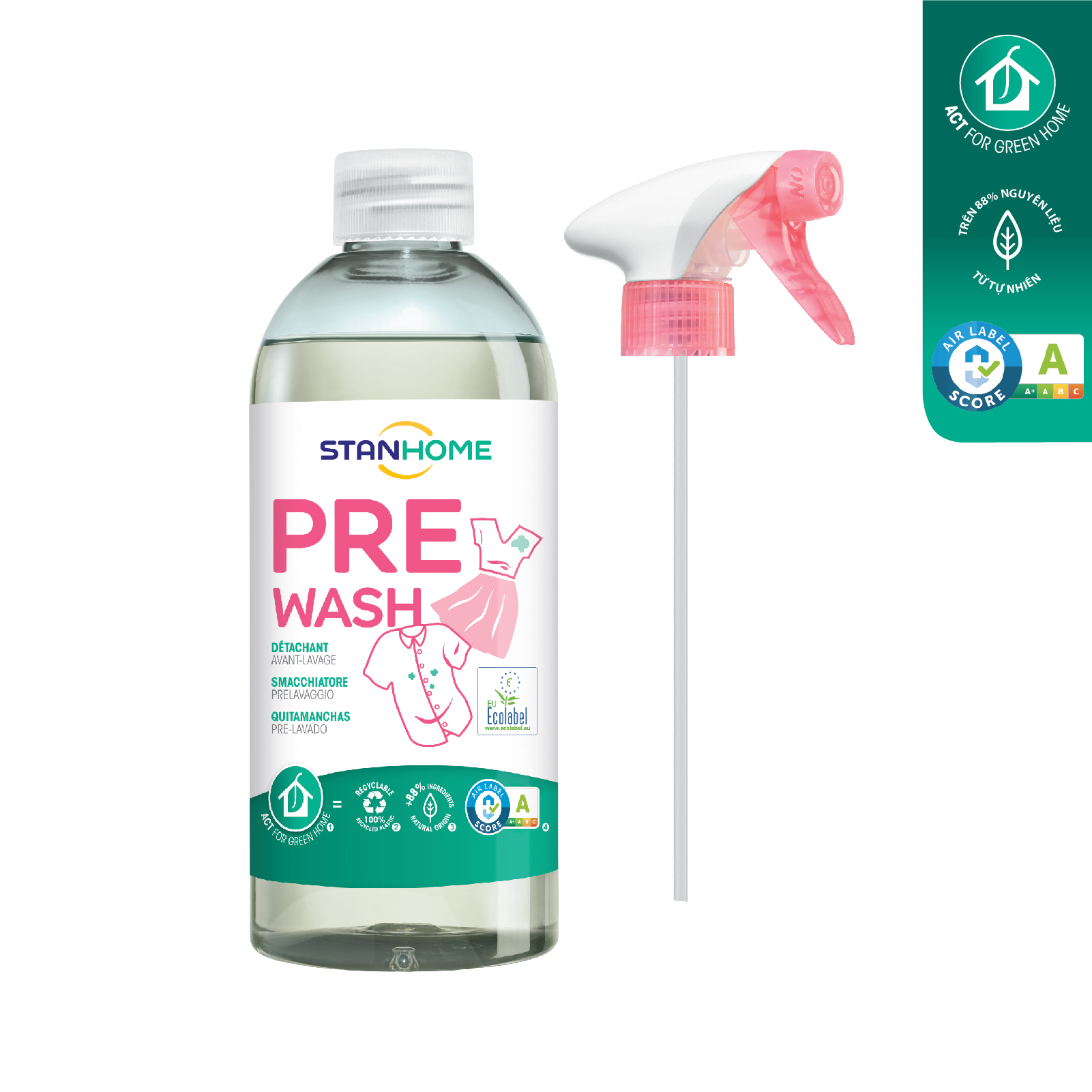 Set 3 chai 1 vòi Xịt xử lý vết bẩn trước khi giặt Stanhome Pre Wash Ecolabel 500ml/chai- mẫu mới