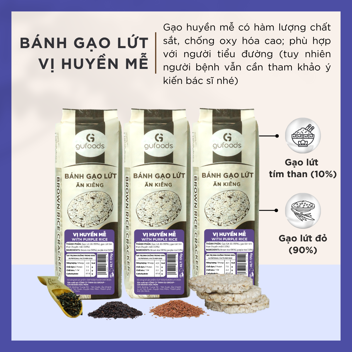 Bánh gạo lứt GUfoods (510g) - Không chiên dầu, Không đường, Từ gạo và ngũ cốc nguyên hạt, Lành mạnh, Phù hợp Eat clean, Ăn vặt healthy, Thực dưỡng, Tập gym, Thuần chay, Đa dạng hương vị