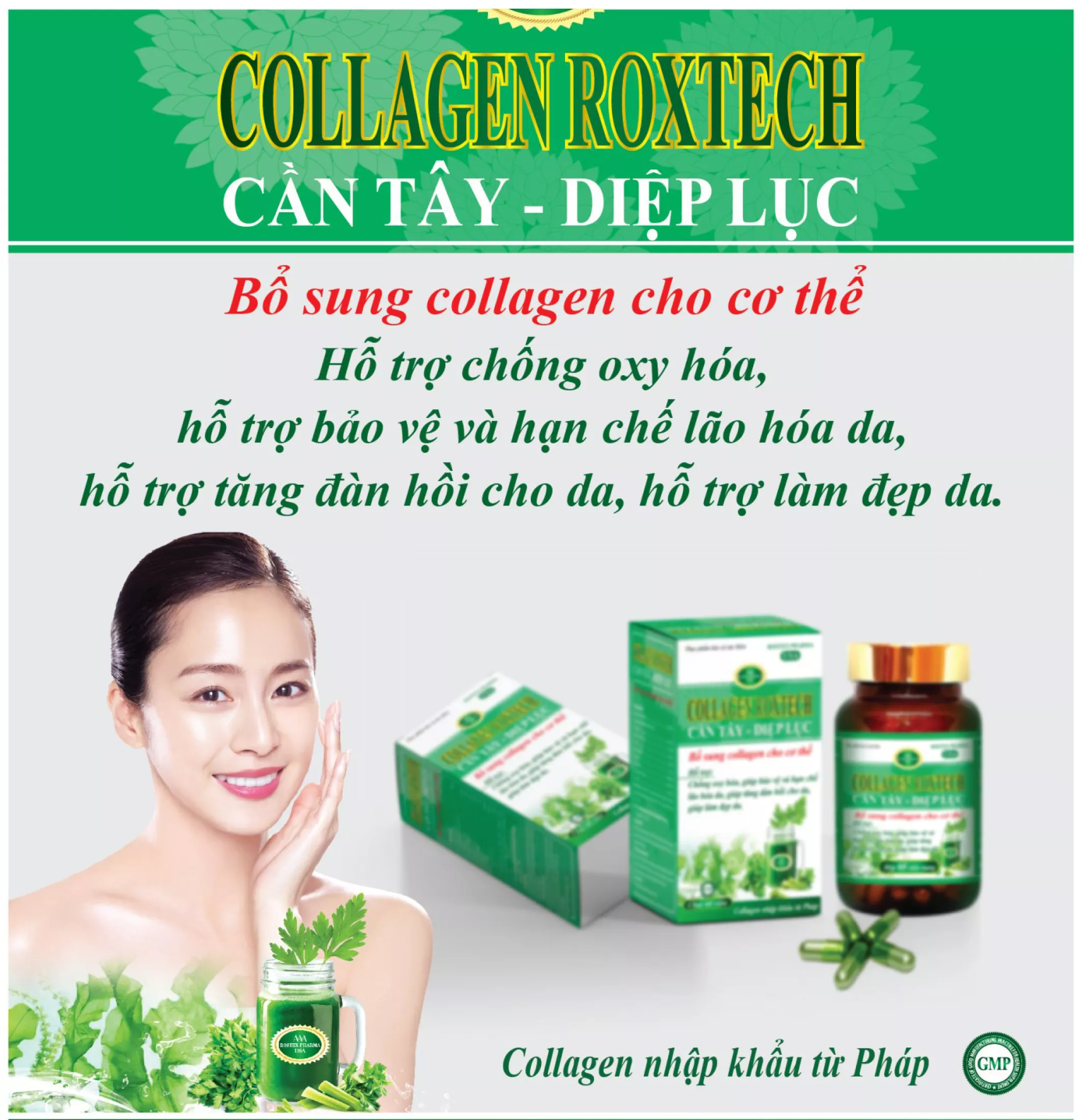 Collagen Roxtech Cần Tây Diệp Lục đẹp da, mờ nám, chai 60 viên