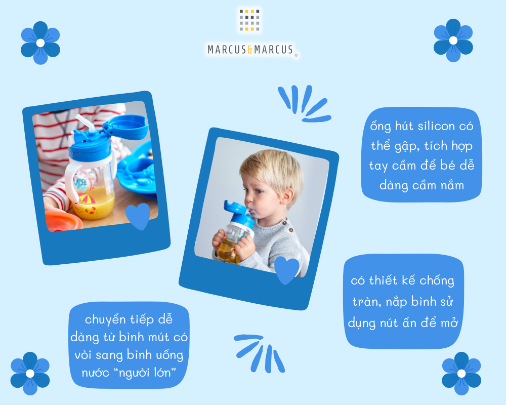 Bình uống nước có ống hút cho bé Tritan Marcus & Marcus, từ 12 tháng - Lucas