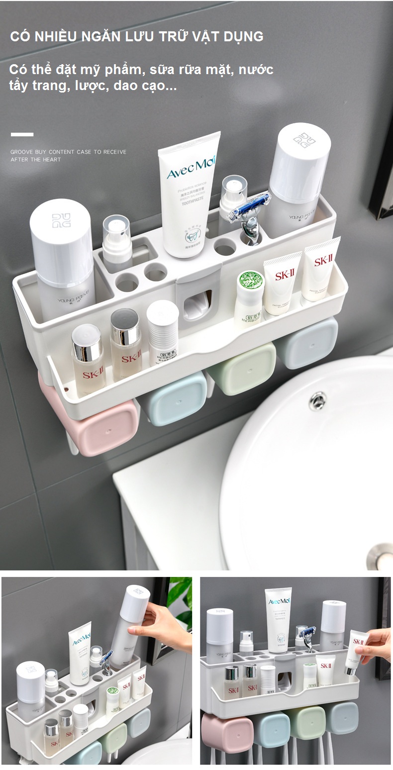 Giá Treo Bàn Chải Đánh Răng, Lấy Kem Đánh Răng Tự Động, Lưu Trữ Vật Dụng Ngăn Nắp - Tặng Kèm 4 Cốc Và Miếng Dán Tường - Chính Hãng