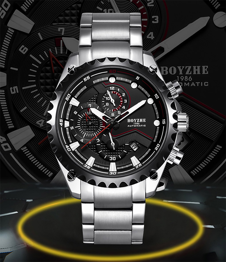 BOYZHE WL022-G Watch Brand Luminous Waterproof Business Full-automatic Mechanical Men Stainless Steel Wrist Watch with - sliver