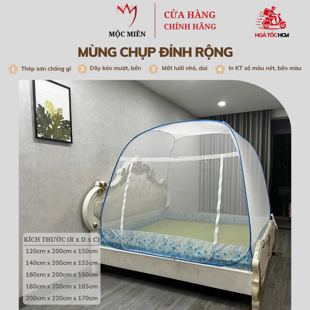 Mùng Chụp Mộc Miên - Tự Bung Đỉnh Rộng Có Viền Chân - Trăng Viền Xanh