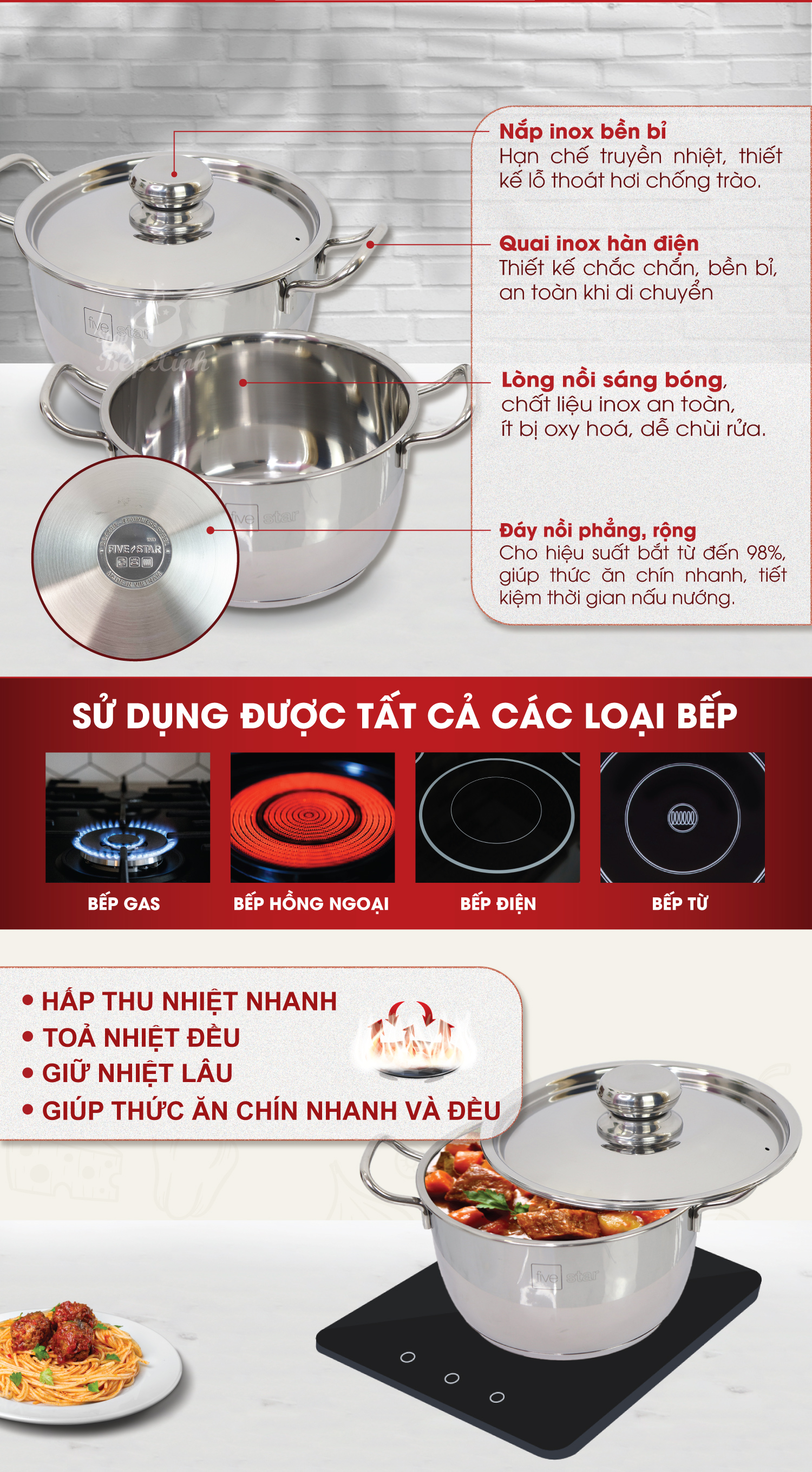 Bộ Nồi Inox 430 Bếp Từ 3 Chiếc Nắp Inox Fivestar Tặng 5 Muỗng Ăn