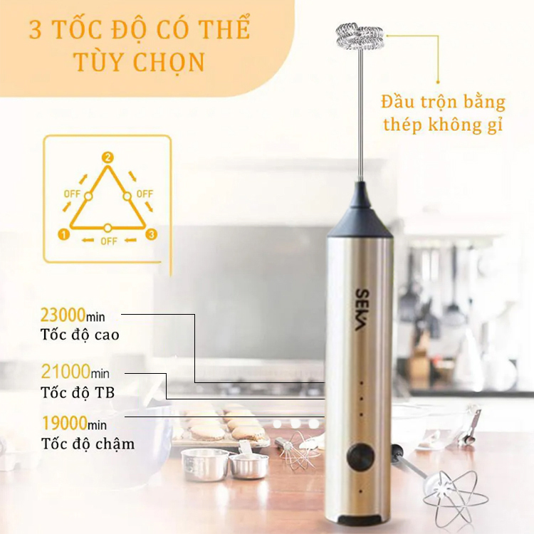Máy Đánh Trứng Seka MD2210 Que Tạo Bọt Cafe Mini Cầm Tay Không Dây 3 Cấp Độ - Hàng Chính Hãng
