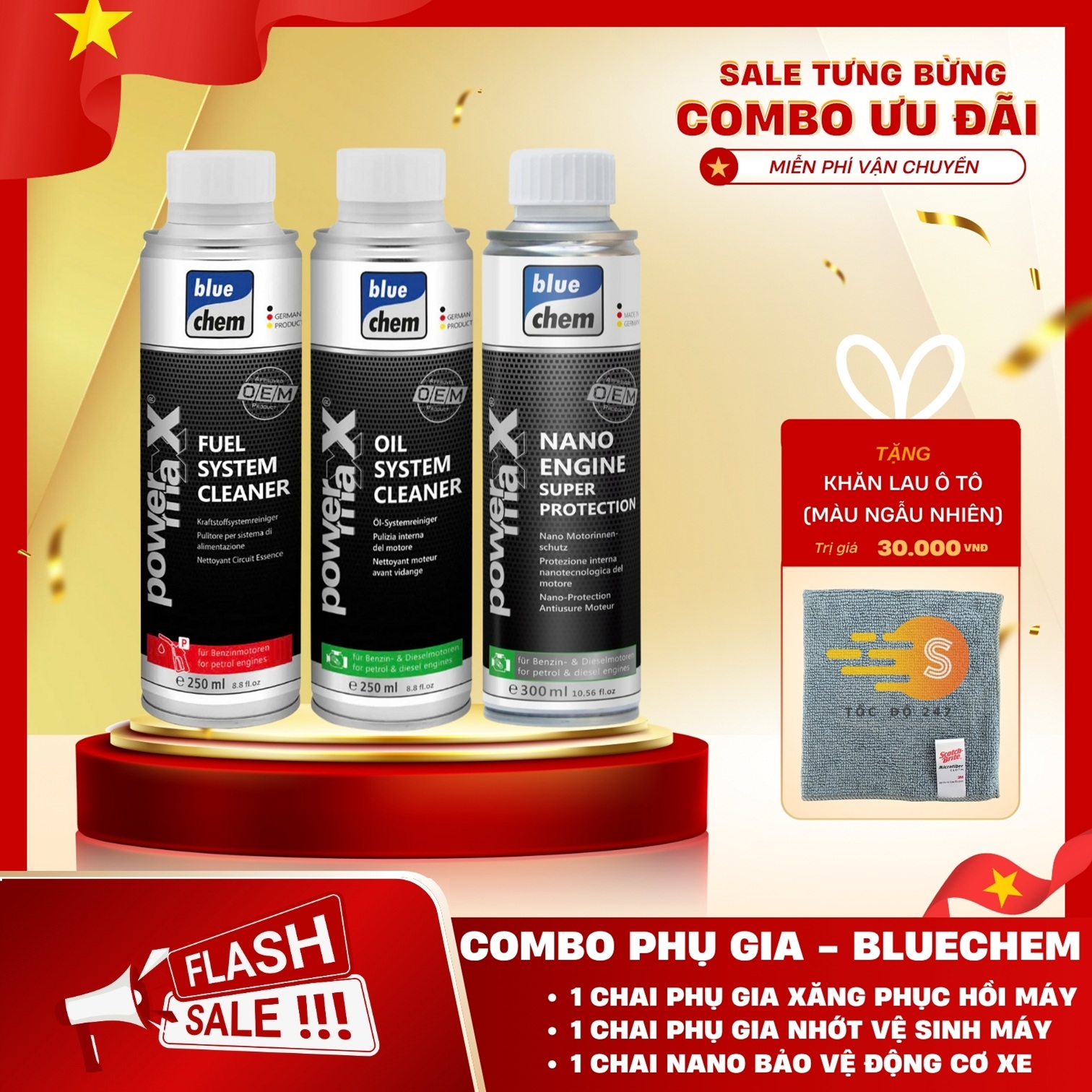 Bộ 3 Sản Phẩm Bluechem Làm Sạch Và Bảo Dưỡng Động Cơ Ô tô Xăng (3 x 250ml)