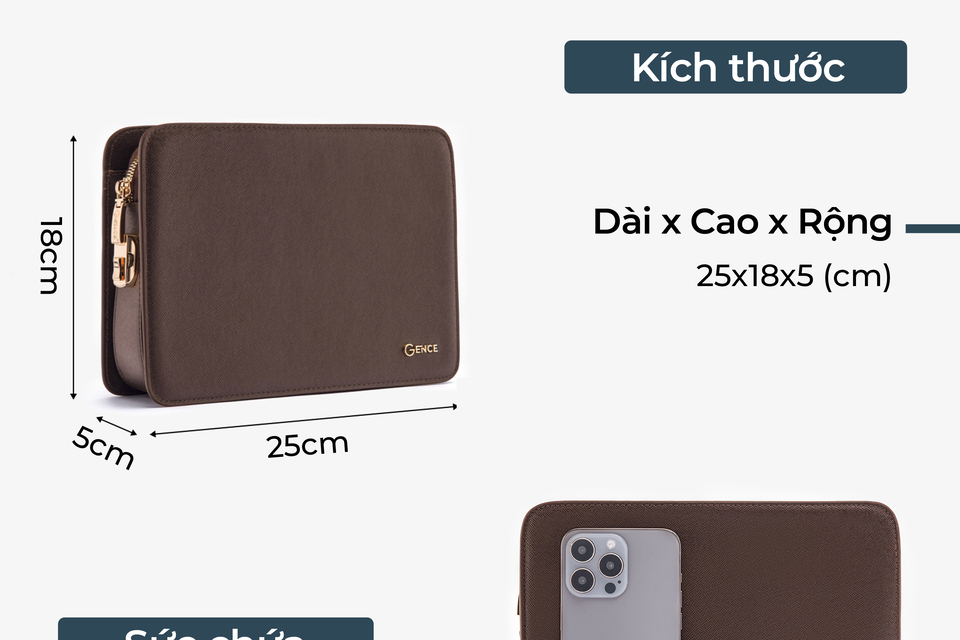 Ví Cầm Tay Clutch Da Nam Hàng Hiệu GENCE CK15 Da Bò Khóa Số Cao Cấp Màu Nâu