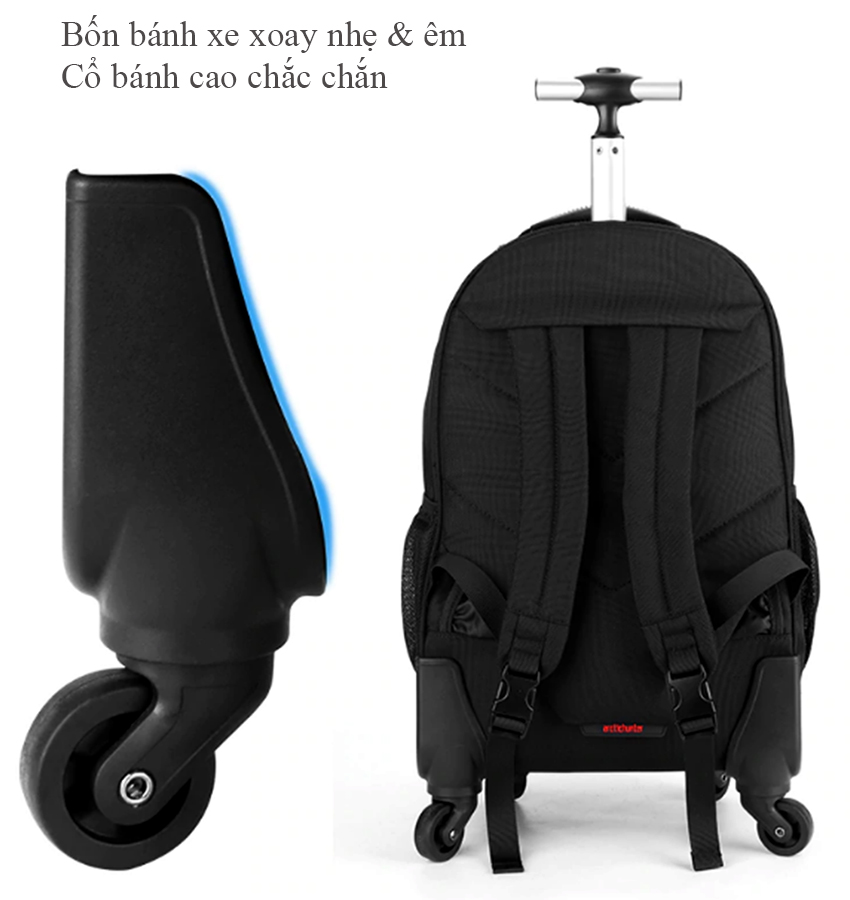 Balo cần kéo vải chống thấm 4 bánh xe có ngăn laptop Ipad size 18 inch TT043
