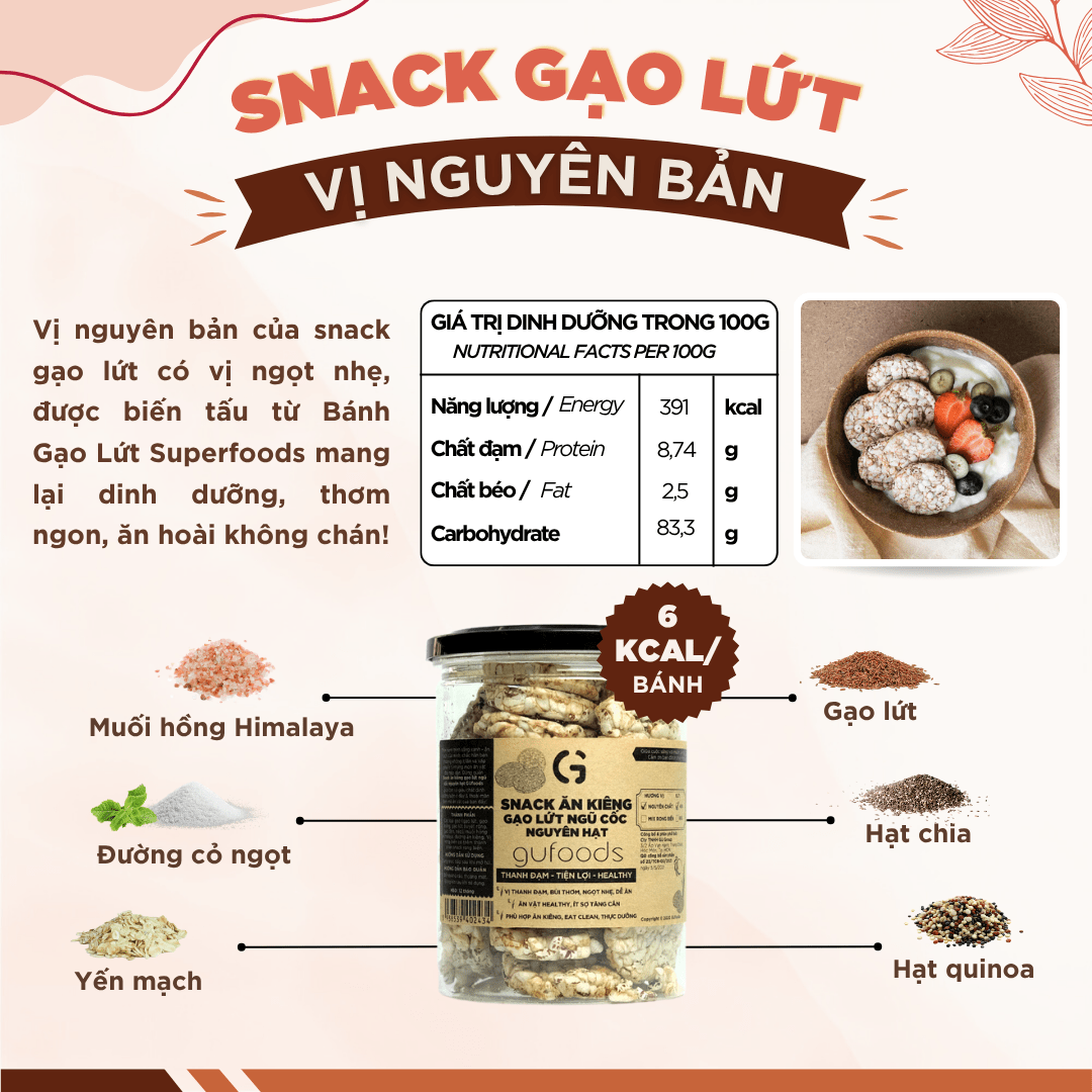 Snack gạo lứt ngũ cốc nguyên hạt GUfoods - Không chiên dầu, Đa dạng hương vị, Thanh đạm, Lành mạnh, Phù hợp Eat clean, Ăn vặt healthy, Tiện lợi, Thuần chay