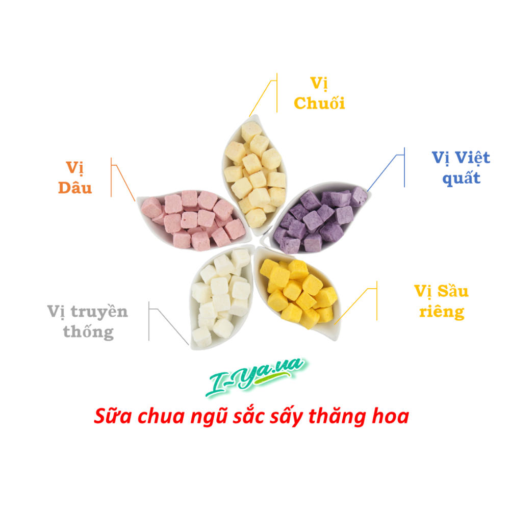 Sữa chua sấy thăng hoa I.Yaua túi 25g mix 05 vị (việt quất, sầu riêng, chuối, dâu và truyền thống)
