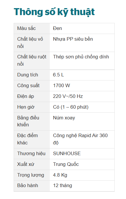 [Bản mới] Nồi chiên không dầu 6.5L SUNHOUSE SHD4030 - Công nghệ Rapid Air giảm tới 80% dầu mỡ - Khoang chiên trong suốt - Hàng chính hãng