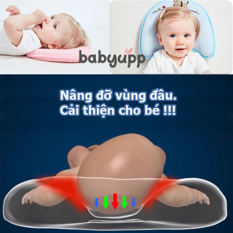 gối chống méo đầu, bẹp đầu babyupp màu vàng gbu0003. tặng kèm cẩm nang chăm sóc bé. gối cao su non đa năng ngăn ngừa còm lưng, nghẹo cổ ở trẻ sơ sinh, em bé 12