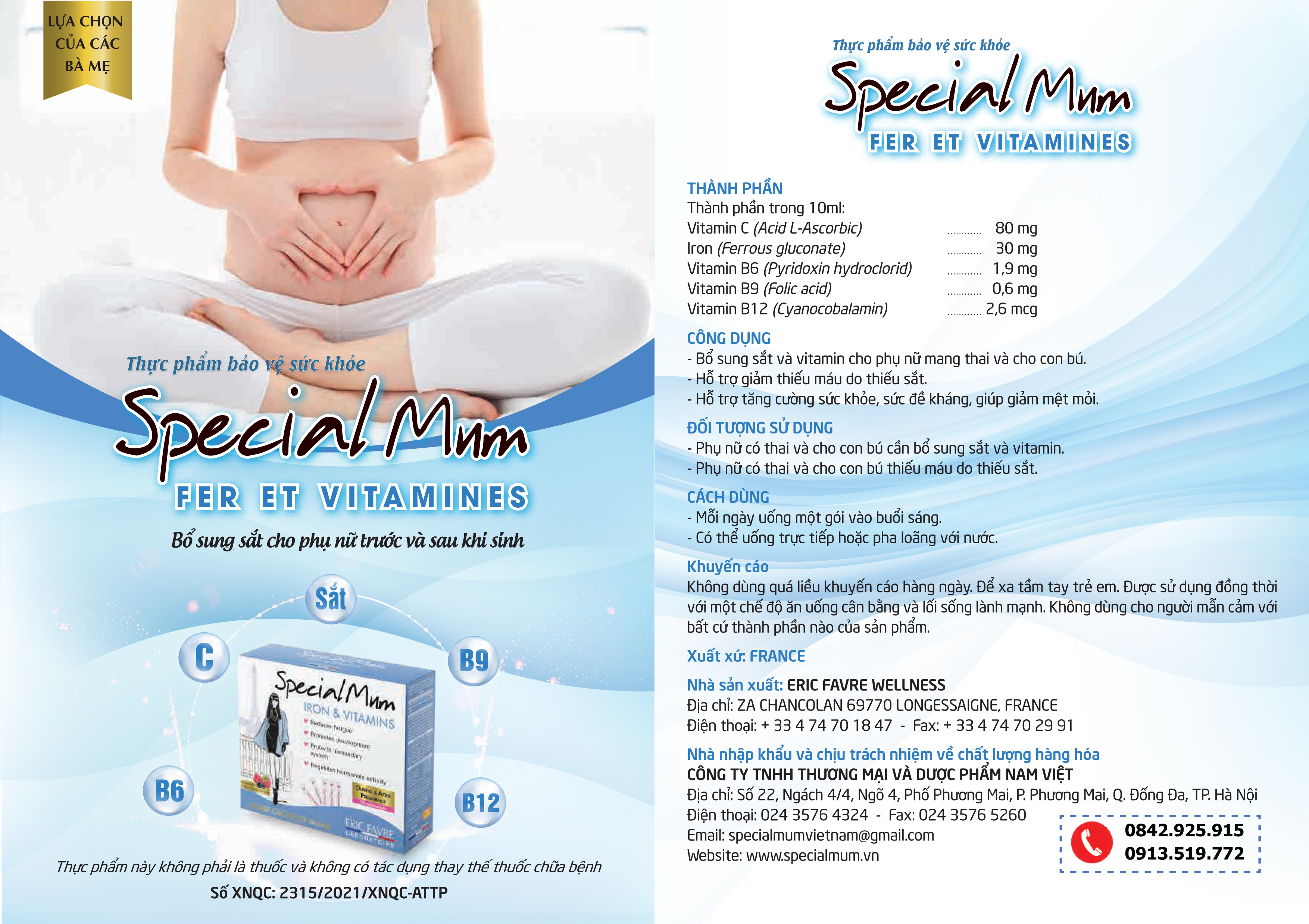 Sắt nước Special Mum Fer et Vitamines Bổ sung sắt hữu cơ và vitamin, phòng ngừa thiếu máu thiếu sắt, giảm mệt mỏi cho phụ nữ mang thai và sau sinh. - 10ml x 20 gói
