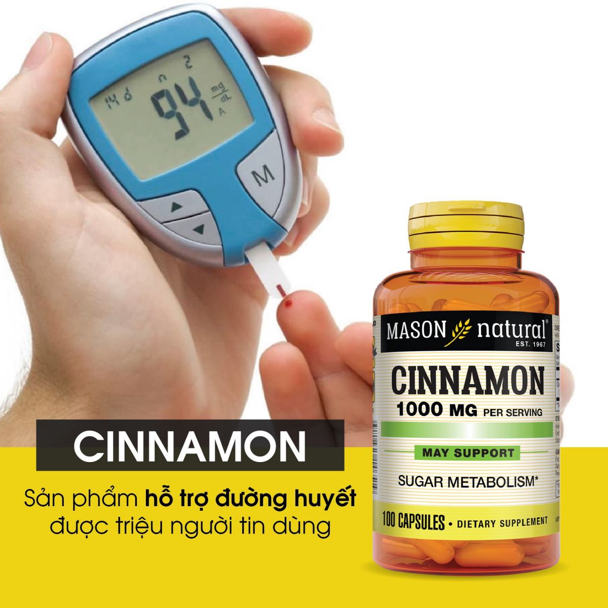 Viên uống hỗ trợ chuyển hóa và ổn định đường huyết Mason Natural Cinnamon 1000mg Hộp 50 viên