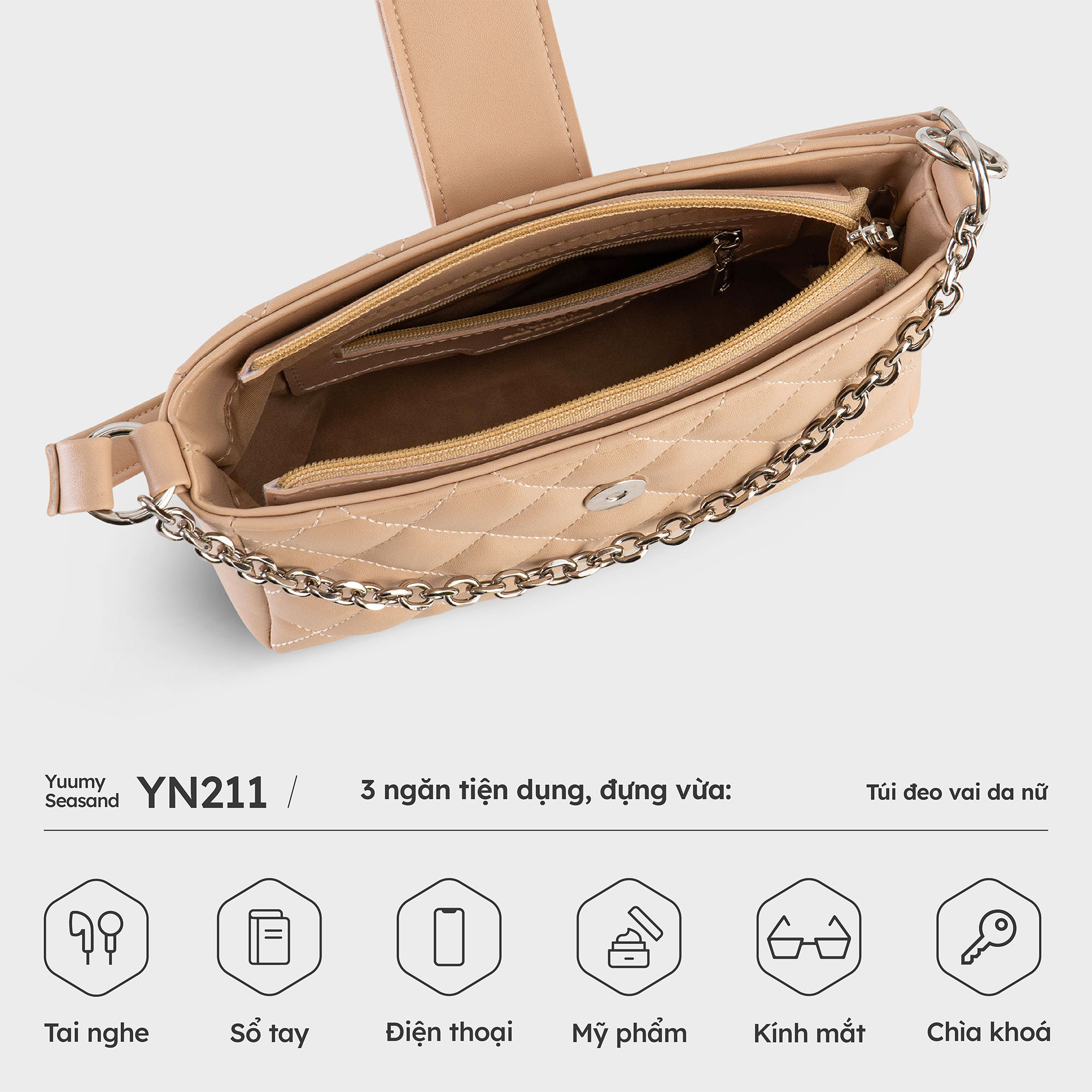 Túi Yuumy ( Thời trang nữ hình chữ nhật họa tiết chần chỉ size 21 - Túi đeo vai da Seasand YN211 )