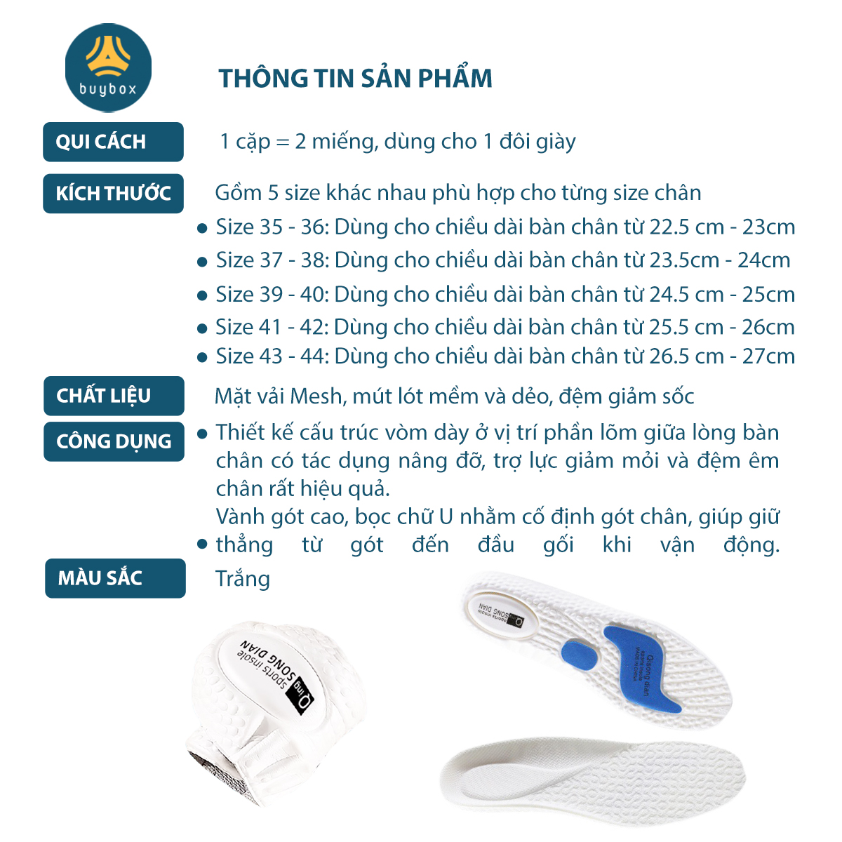 Lót giày nam nữ êm chân chất liệu vải mesh cấu trúc vòm nâng đỡ lòng bàn chân, kết hợp ốp PU chống thốn và bảo vệ gót chân - buybox - BBPK359