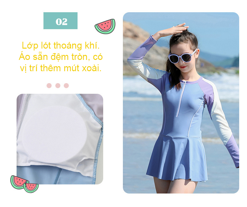 Đồ bơi size lớn cho bé gái, mẫu liền thân tay dài chống nắng, áo tắm big size dáng váy có khóa kéo trẻ em nữ, chất thun bơi lạnh cao cấp | BT38