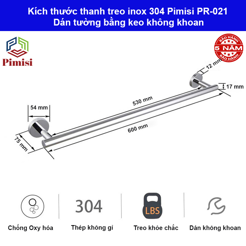 Kích thước thanh treo inox 304 pimisi pr-021 dán tường