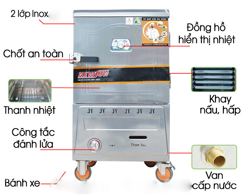 Tủ hấp giò chả 10 khay điện gas Newsun - Toàn bộ inox 304 (Ảnh 4)