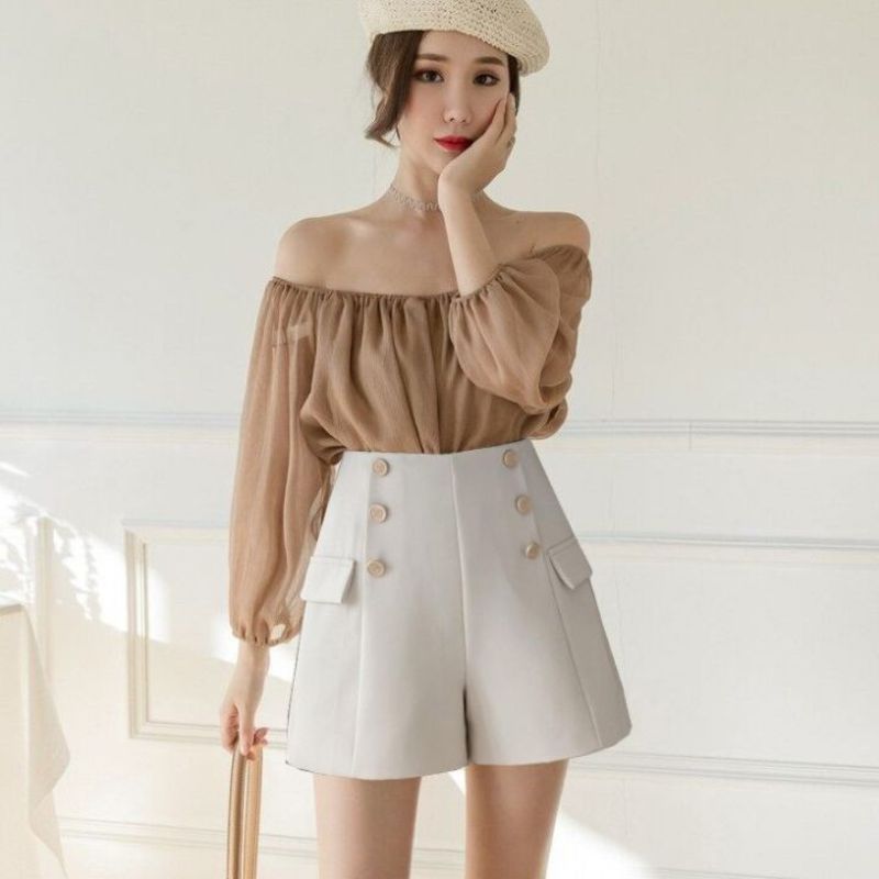 Quần short nữ, Quần sooc nữ, Lưng cao phối nút trẻ trung vải kaki thun co giãn, thoáng mát New Design