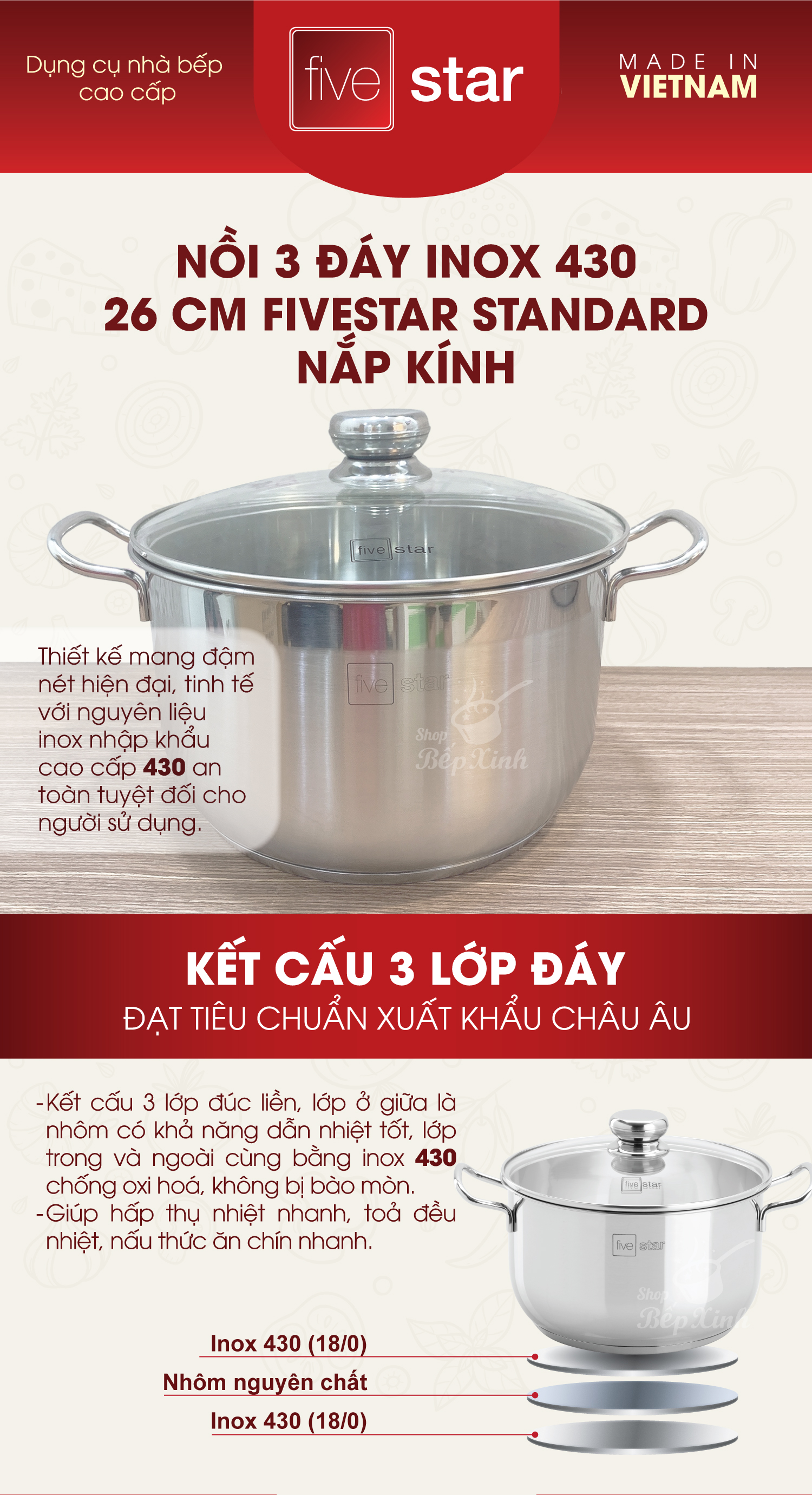 Nồi inox Fivestar 3 đáy từ nắp kính 26cm , tặng 2 muỗng canh