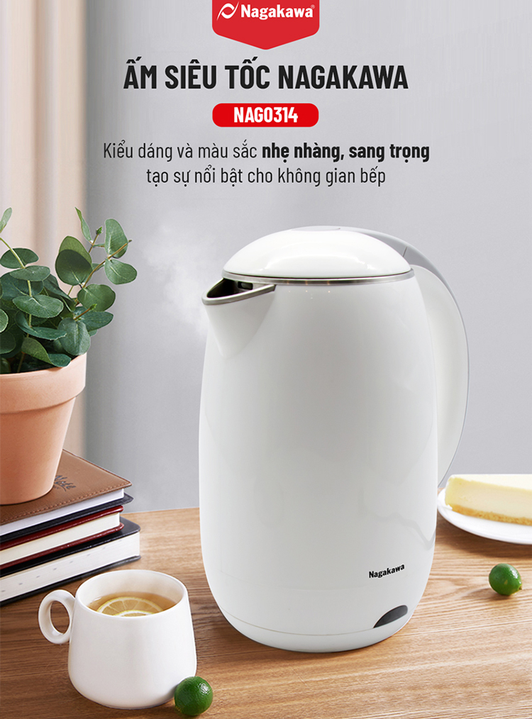 Ấm Đun Siêu Tốc 2 Lớp Nagakawa NAG0314 (1.8 Lít) - Hàng Chính Hãng