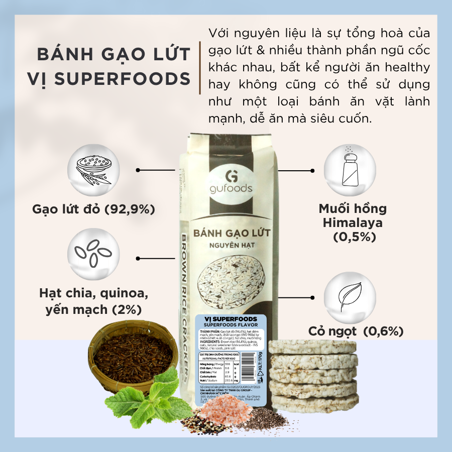 Bánh gạo lứt GUfoods (170g) - Không chiên dầu, Không đường, Từ gạo và ngũ cốc nguyên hạt, Lành mạnh, Phù hợp Eat clean, Ăn vặt healthy, Thực dưỡng, Tập gym, Thuần chay, Đa dạng hương vị