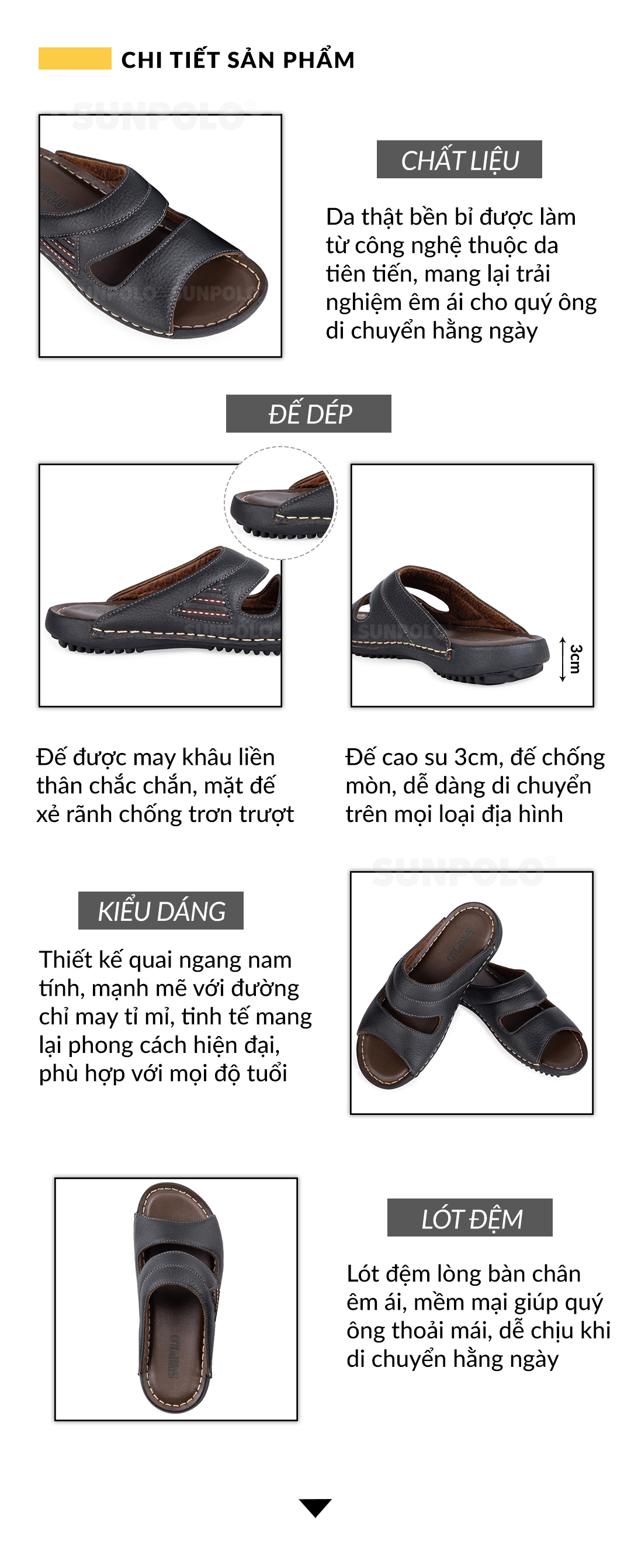 Dép Nam Quai Ngang Da Bò Sunpolo SUD24D - Đen